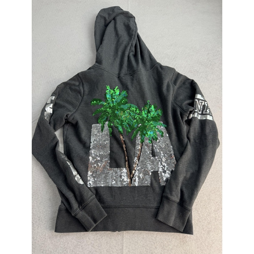 PINK Victoria's Secret Hoodie Women's Small Gray Los Angeles Sequin Palm Zip